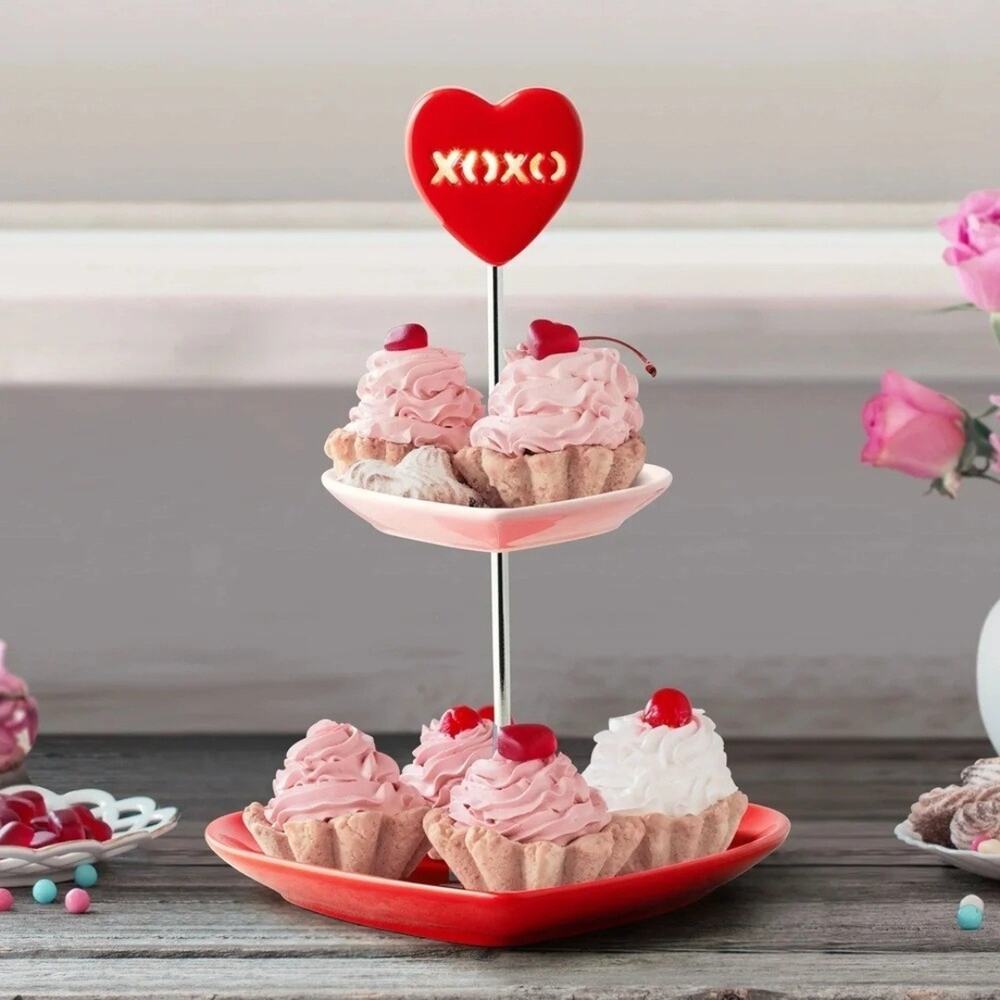 NEW! Miss Valentine Ceramic Tiered Heart Serving Stand With Light up Topper